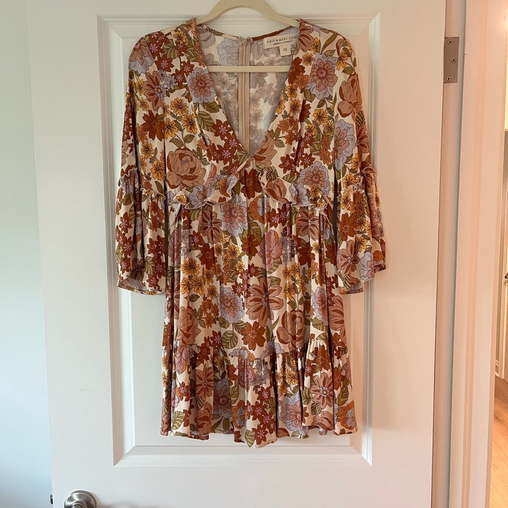 Floral V-Neck Mini Dress with Bell Sleeves